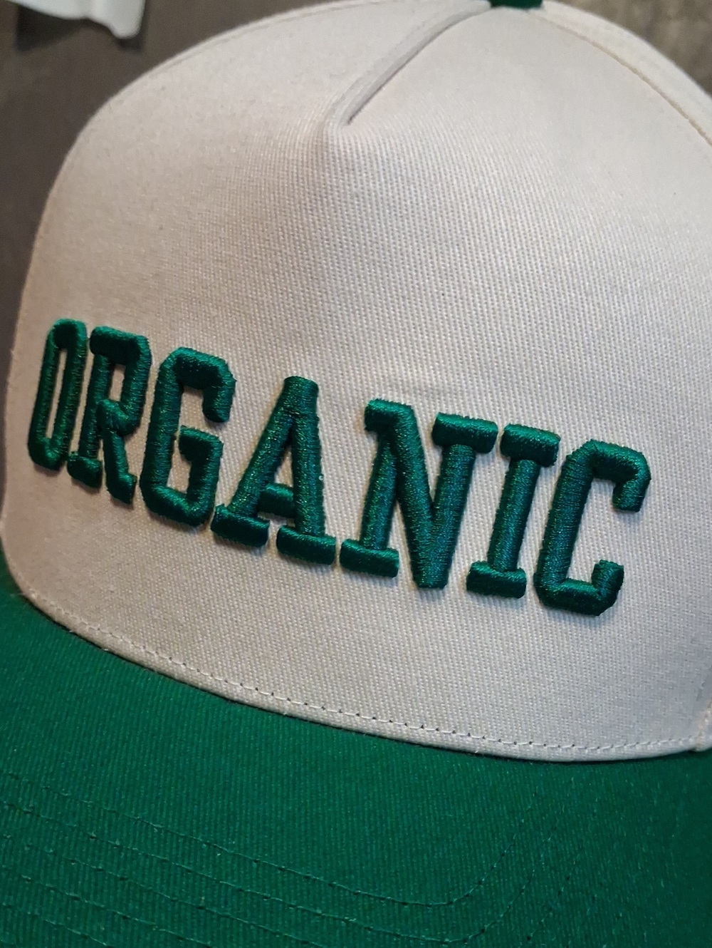 White and Green 'ORGANIC' Embroidered Trucker Hat - Picture 2 of 5
